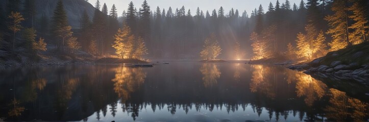 Softly glowing wheel trail in a serene lake landscape with subtle focus and peaceful ambiance, glow, gentle ripples, surrounding trees