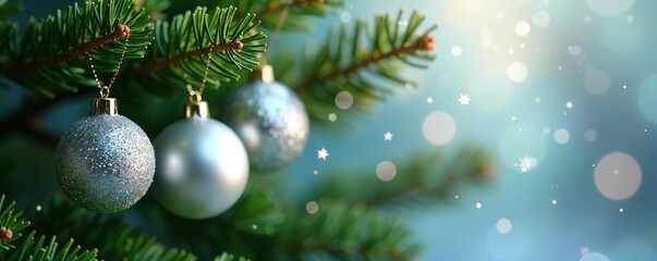 Obraz premium Sparkling silver ornaments on a green fir branch, silver, xmas, evergreen