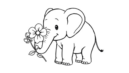 Fototapeta premium “Chubby Elephant with a Flower in Its Trunk Outline Only, No Fill Color, Thicker Line” – A doodle of a chubby elephant holding a flower in its trunk, outlined in thick lines with no fill color on a wh