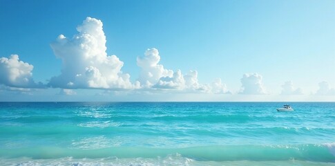 Obraz premium Calm and serene ocean scene with soft focus and white clouds, relaxed mood, ocean view