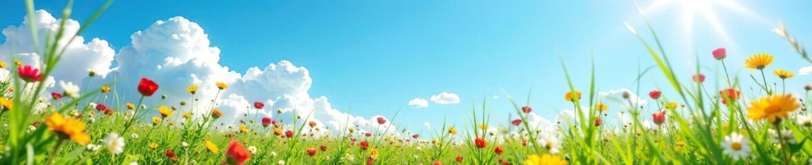 Obraz premium Tall grasses and wildflowers swaying gently in the breeze under a bright sunny summer sky with fluffy white clouds, sunny landscape, meadow, outdoor nature