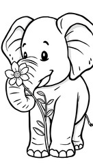 Fototapeta premium “Chubby Elephant with a Flower in Its Trunk Outline Only, No Fill Color, Thicker Line” – A doodle of a chubby elephant holding a flower in its trunk, outlined in thick lines with no fill color on a wh