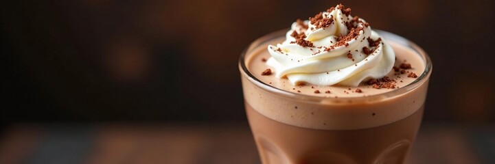 Fototapeta premium Creamy chocolate milkshake topped with a generous dollop of whipped cream and scattered with dark brown chocolate shavings, beverage, indulgent