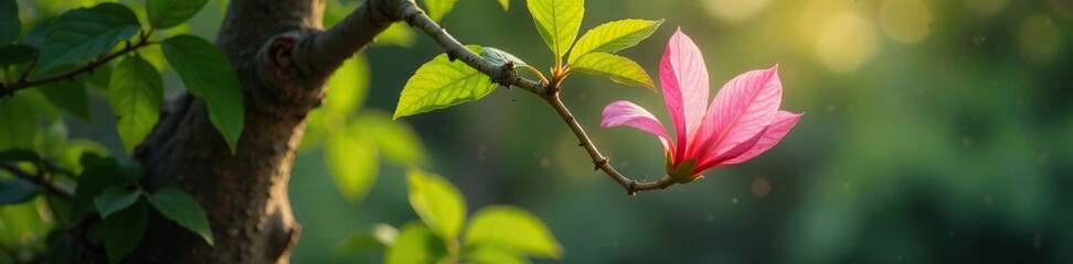 Vibrant pink petals unfold from the leafy stem of an elegant flowering plant under a old tree, leaves, stems