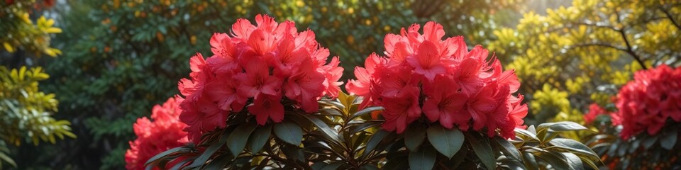 vibrant red rhododendron blossoms on a deciduous shrub in full bloom with yellow leaves, purple hues, deciduous
