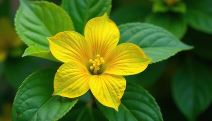 Vibrant yellow flower with intricate markings, green leafy plant, Abutilon jaune pictum, ornamental plant