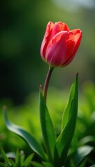 Fototapeta premium Delicate tulip stems rising from a bed of lush greens, botanicals, flora