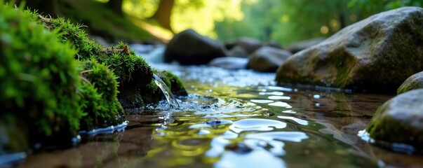 Water dripping from mossy stones into a shallow mountain stream, water, liquid