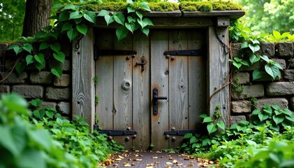 Weathered wooden gate with vines and moss growing around it, wooden gate, ancient, foliage