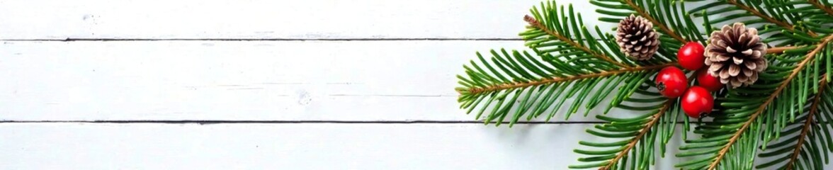 Obraz premium Fir branch with berries and cones on a white wooden background, winter, coniferous