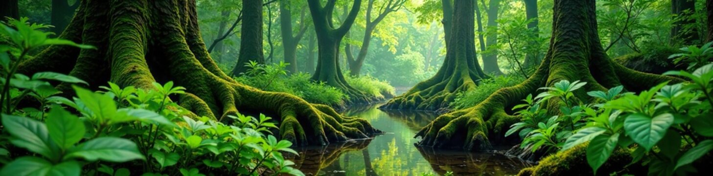 Ferns and moss covering tree trunks in the swamp, forest, vegetation, nature