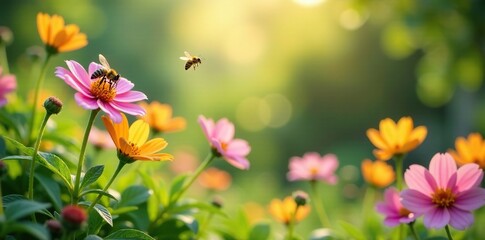 Obraz premium A serene garden scene with blooming flowers and gentle buzzing bees, scenery, fauna, flora