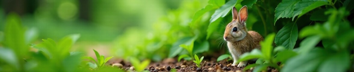 Fototapeta premium A small fluffy bunny peeking out from behind a large leafy green shrub, forest floor, cute