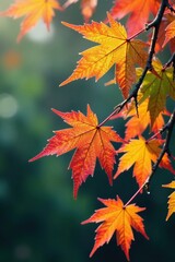 Frosty maple branches with vibrant autumn colors, green, maple, orange