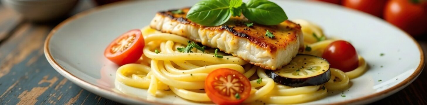 Fresh pasta on a plate with sliced eggplant, swordfish steak and tomatoes, Italian, lunch, swordfish