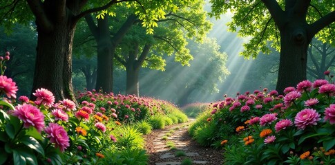 Blooming flowers and shrubs thrive in a forest garden landscape with towering trees and undergrowth, shrubs, blooming flowers, tree canopy