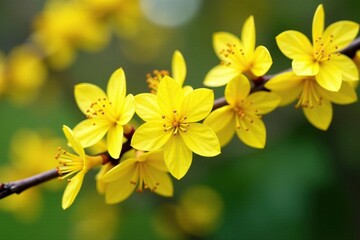 Obraz premium Blooming forsythia branches with bright yellow flowers in a garden, flower stems, blooming branches