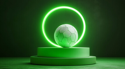 Fototapeta premium Creative soccer ball display with neon green lighting on a circular pedestal. 