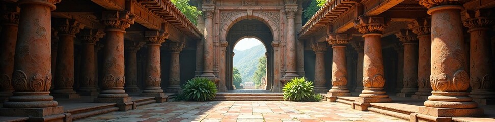 Naklejka premium Grand entrance of an ancient temple leading to the Hanging Gardens, architectural details, grand entrances, arches