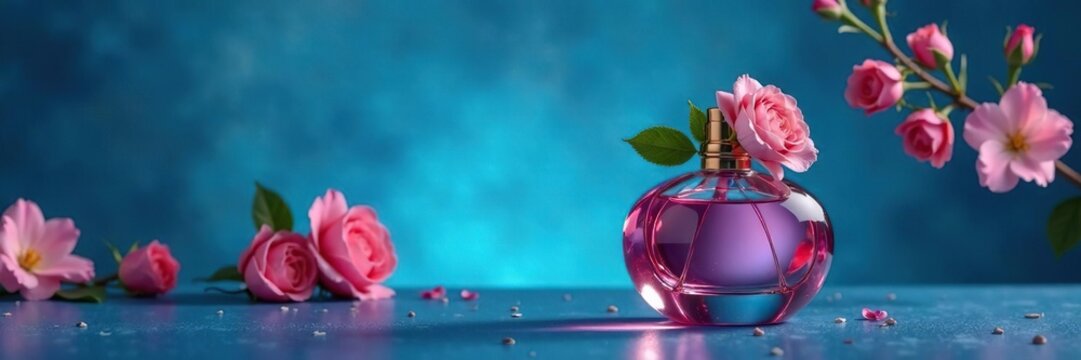 Boccetta di profumo con agrumi di rosa in una composizione armoniosa sull'azzurro sfondo, elegante, blu