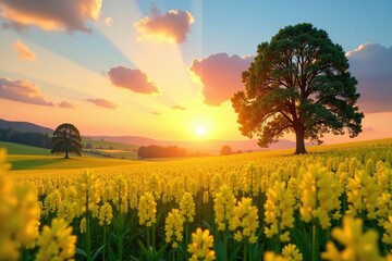 Obraz premium Canola fields in the late afternoon with a few trees, canola, sunset, landscape