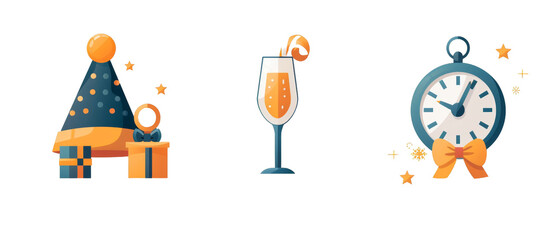 Festive New Year icons party hat, champagne, clock.
