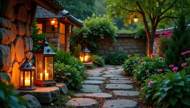 Jardin de pierre avec lanternes en bois et lumieres de bois, wooden lanterns, cozy ambiance