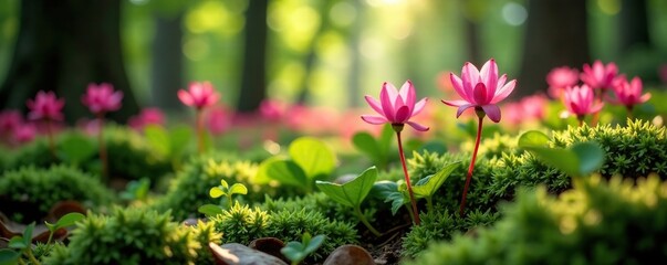 Cyclamen blooms bursting forth from the undergrowth in a sun-dappled forest glade, garden, dappled light, wildflowers