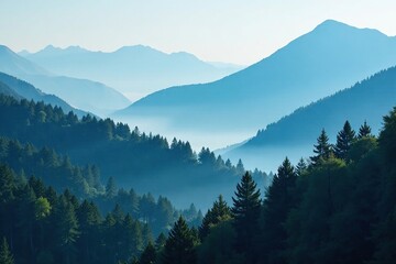 Obraz premium Misty forest with blue fog rolling in behind a mountain range, misty forest, serene