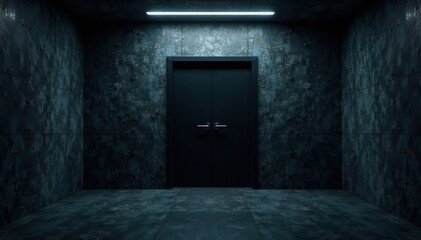 Obraz premium Darkened room with black steel door in the center, ominous entrance, isolated area, dark interior
