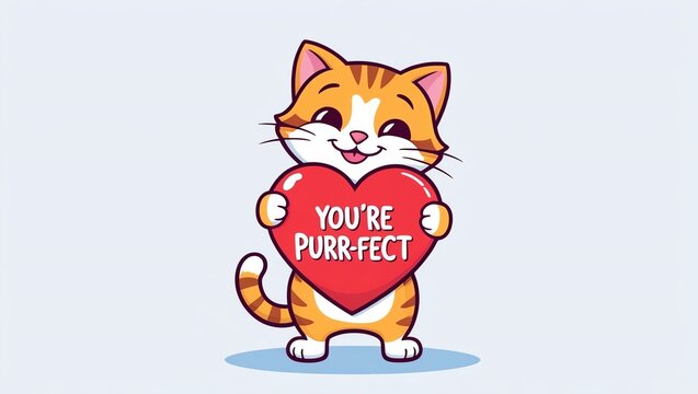 A cute cartoon cat holding a heart that reads 'You're purr-fect' with a playful expression.