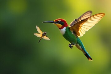 Fototapeta premium Perched bee eater in mid-air capture of a dragonfly, Swift Strike, Avian Hunt