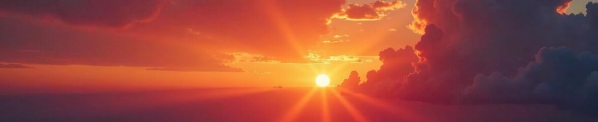 Fototapeta premium Dramatic clouds against a vibrant sunset sky with deep oranges and reds, vibrant, golden