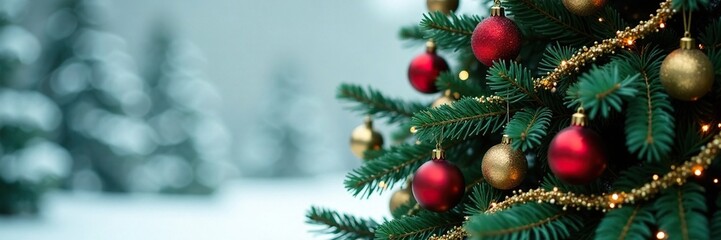 Fototapeta premium Evergreen tree with elegant red ornaments and gold garlands, gold ornaments, snowy backdrop