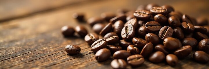 Fototapeta premium Richly toasted coffee beans on a wooden surface, warm tones, wood grain background, coffee beans