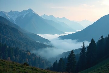 Fototapeta premium Foggy mountain landscape with misty valley and eerie trees, foggy mountains, serene, mystical