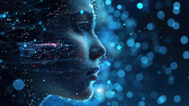 Artificial intelligence face is emerging from big data flow with glowing blue bokeh lights in the background, representing machine learning and deep learning concepts