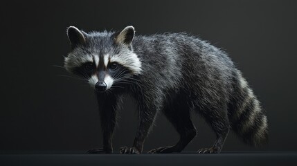Obraz premium Realistic full body raccoon standing on dark background, showcasing intricate fur details and curious facial expression