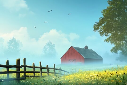 A serene landscape featuring a red barn surrounded by misty fields and a wooden fence.