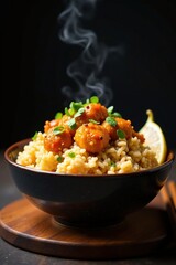 Golden brown rice bowl with steaming hot orange chicken on top, Asian cuisine, Chinese food