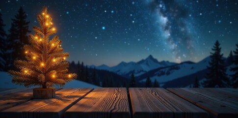 Naklejka premium golden lights illuminate the starry night of a wooden table, decorations, tree, lights