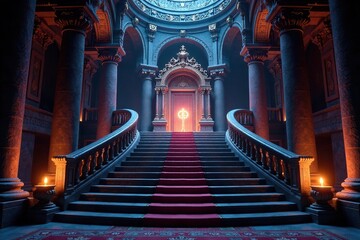Obraz premium Grand staircase leading to a mysterious altar, intricate carvings, altar, mystical energy