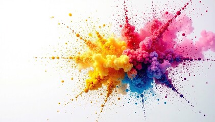 Holi powder burst suspended in mid-air as tiny colored droplets disperse across a white background, colorful fragments, powdery fragments