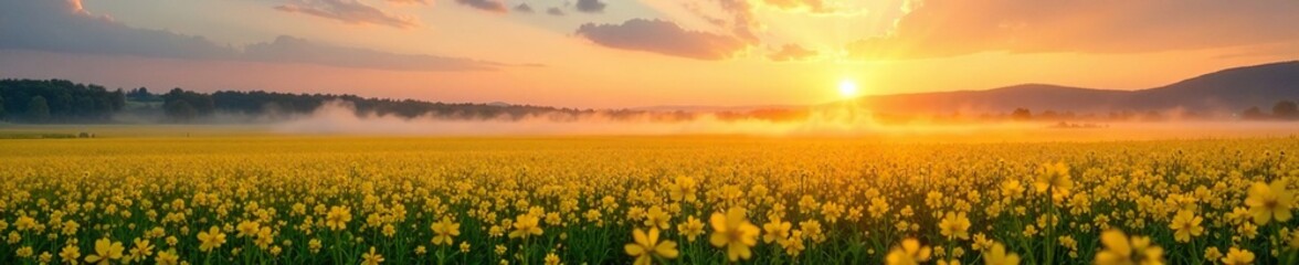 Obraz premium Landscape of a canola field at sunrise with mist, landscape photography, oilseed, landscape photography