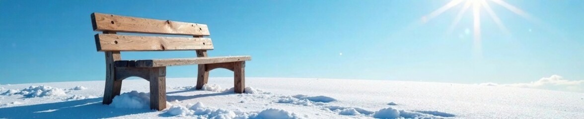 Obraz premium Sunlit wooden slats on a snowy bench against a cold blue sky, blue heavens, cold weather, clear sky