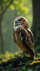 Fototapeta premium The owl's head is tilted back, and it surveys its surroundings with a look of quiet observation, owl, landscape