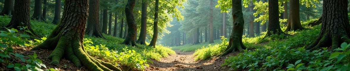Fototapeta premium Twisted coniferous trees surround deciduous tree trunks, foliage, forest floor, trees