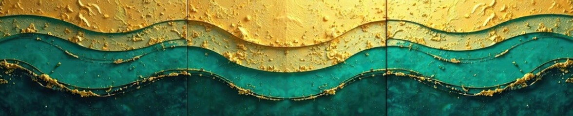 Triptych composition with layered gold and teal colors creating a sense of depth, dimensional look, gold