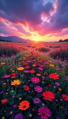 Obraz premium Twilight sky with a sea of vibrant wildflowers stretching towards the horizon, wildflowers, landscape, serene