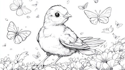 Fototapeta premium Playful Cartoon Quail chasing Butterflies - Coloring Book Illustration for Kids
